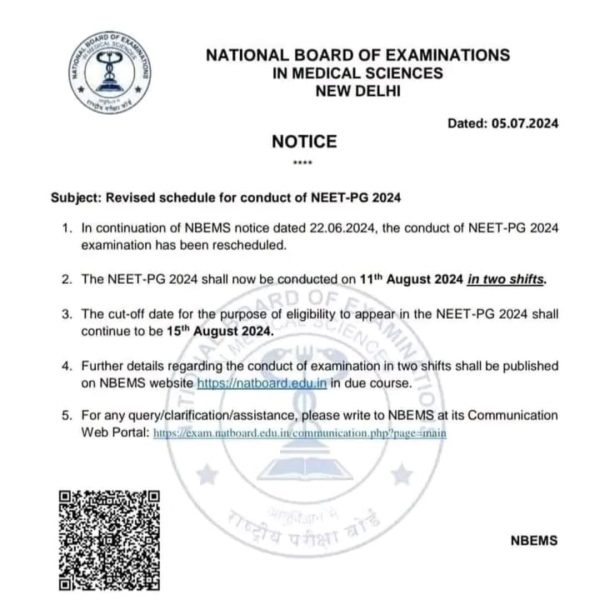 Revised schedule for conduct of NEET-PG 2024.