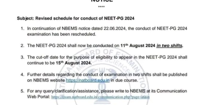 Revised schedule for conduct of NEET-PG 2024.