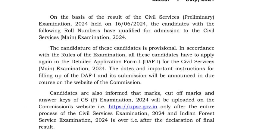 Result of Civil services PT Exam.